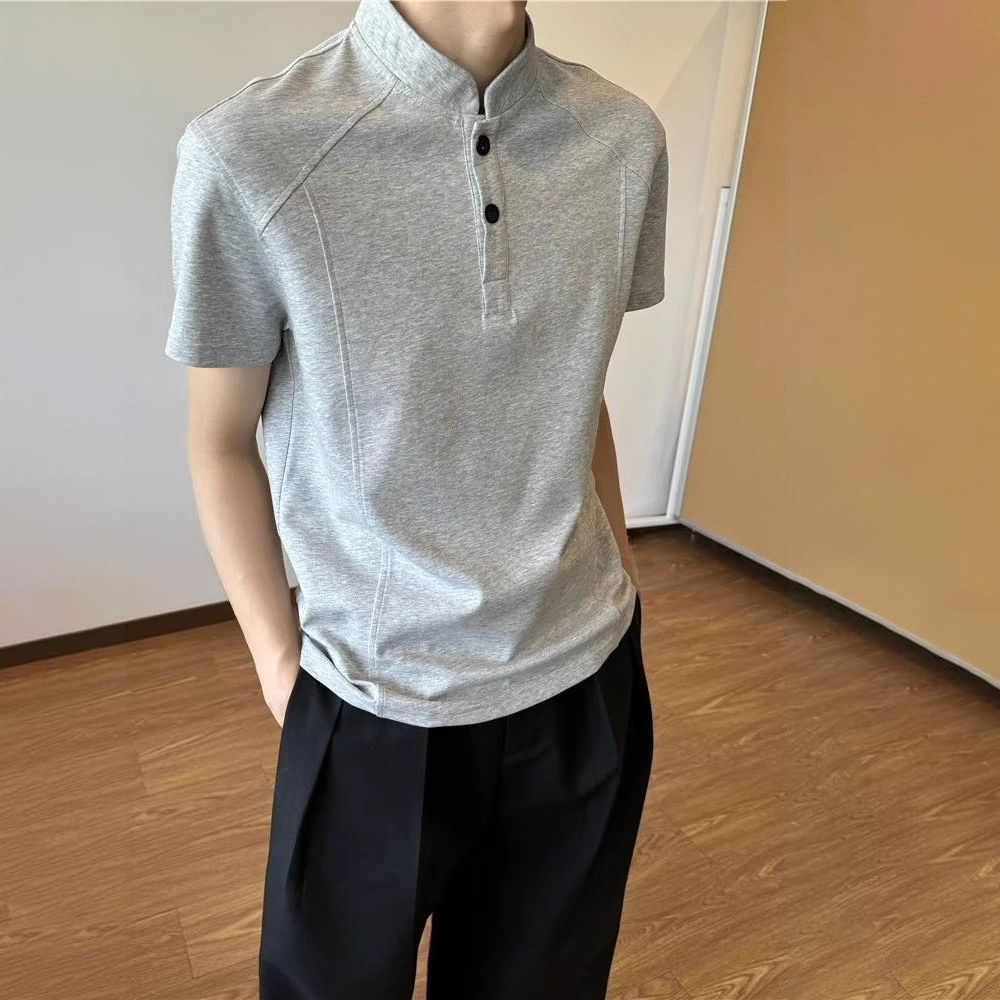 美式復古亨利領cleanfit正肩顯瘦短版短袖T恤