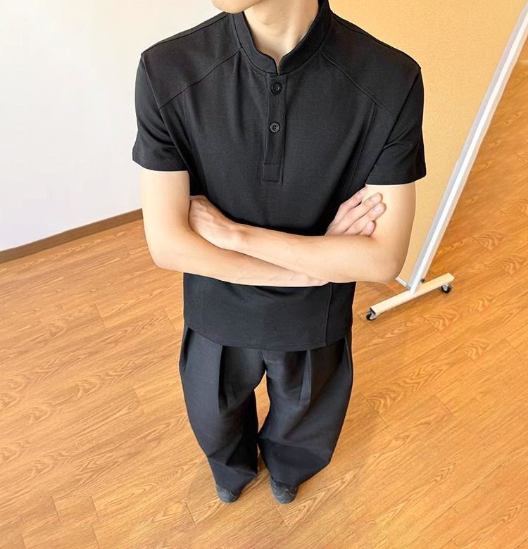 美式復古亨利領cleanfit正肩顯瘦短版短袖T恤