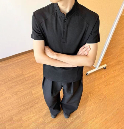 美式復古亨利領cleanfit正肩顯瘦短版短袖T恤