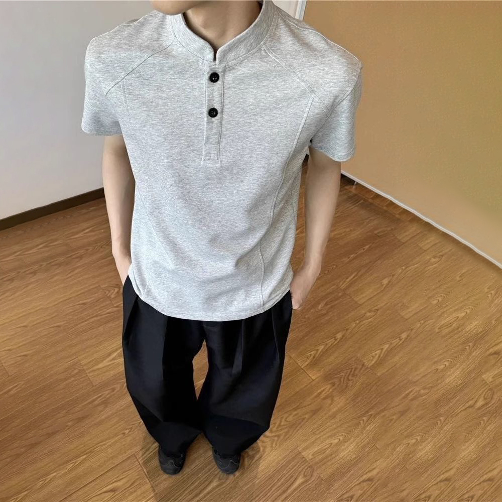 美式復古亨利領cleanfit正肩顯瘦短版短袖T恤