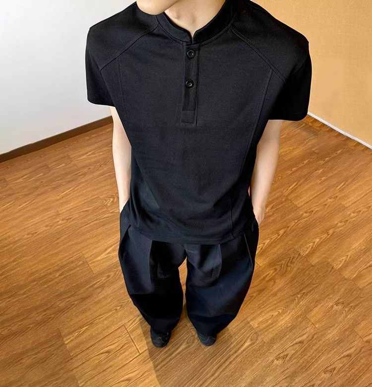 美式復古亨利領cleanfit正肩顯瘦短版短袖T恤