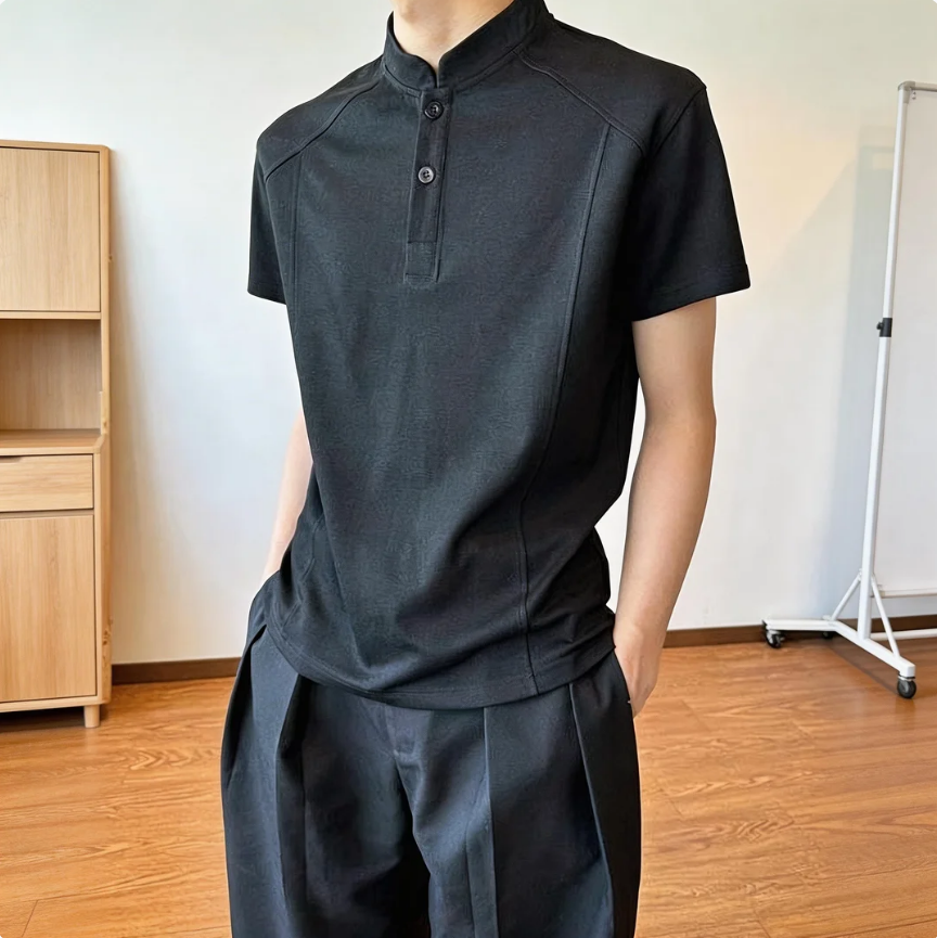 美式復古亨利領cleanfit正肩顯瘦短版短袖T恤