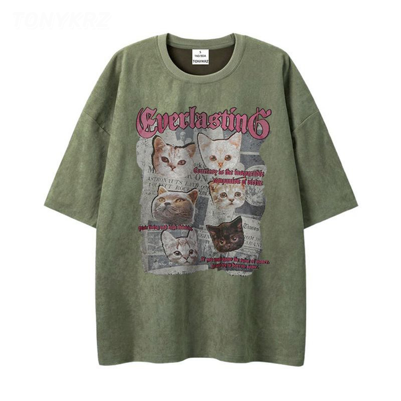 美式暗黑亞比風印花情侶寬鬆麂皮絨短袖t恤