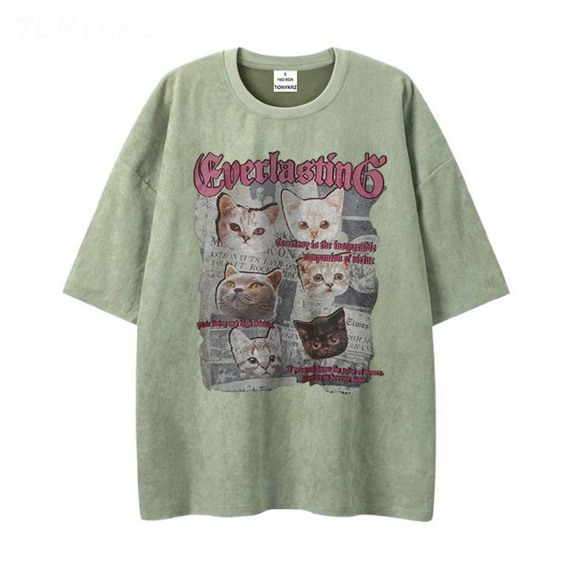 美式暗黑亞比風印花情侶寬鬆麂皮絨短袖t恤