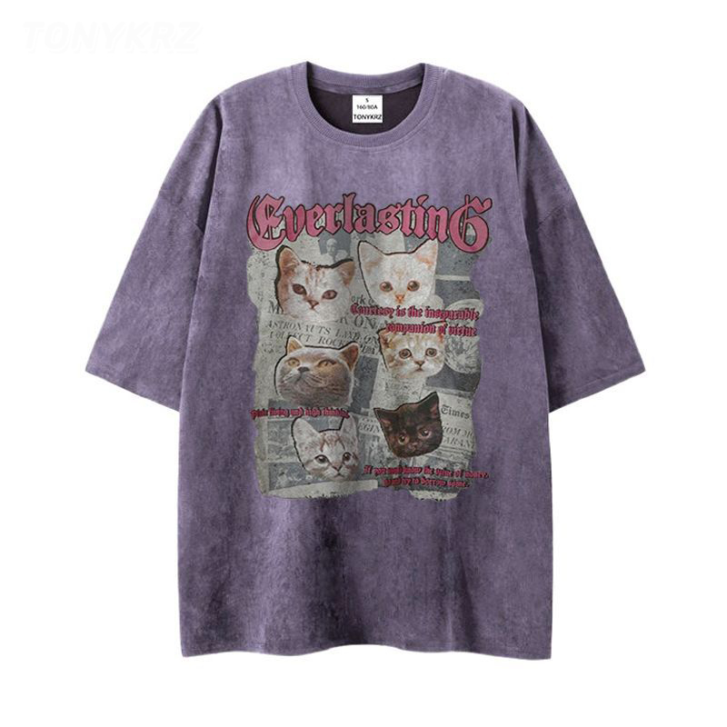 美式暗黑亞比風印花情侶寬鬆麂皮絨短袖t恤