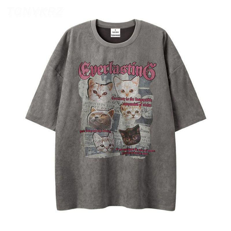 美式暗黑亞比風印花情侶寬鬆麂皮絨短袖t恤