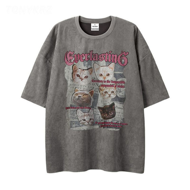 美式暗黑亞比風印花情侶寬鬆麂皮絨短袖t恤