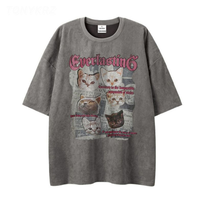 美式暗黑亞比風印花情侶寬鬆麂皮絨短袖t恤