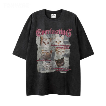 美式暗黑亞比風印花情侶寬鬆麂皮絨短袖t恤