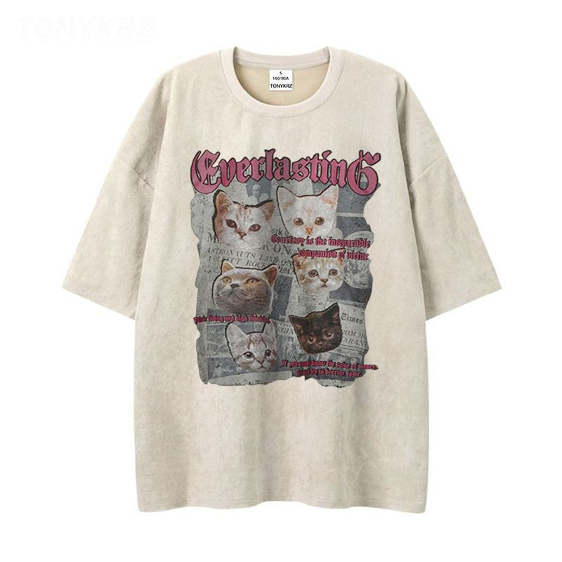 美式暗黑亞比風印花情侶寬鬆麂皮絨短袖t恤