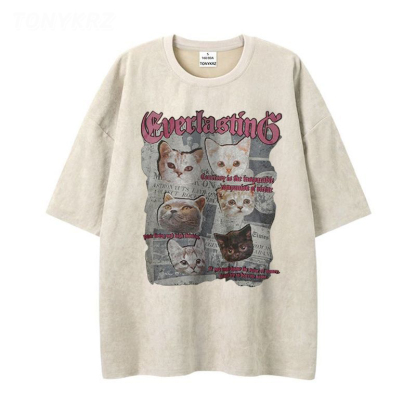 美式暗黑亞比風印花情侶寬鬆麂皮絨短袖t恤