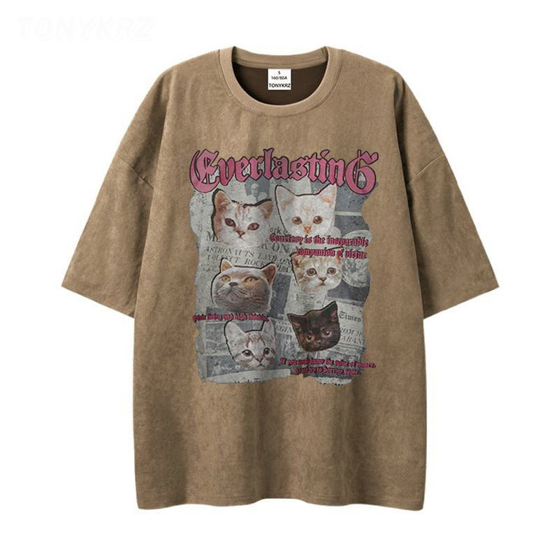 美式暗黑亞比風印花情侶寬鬆麂皮絨短袖t恤