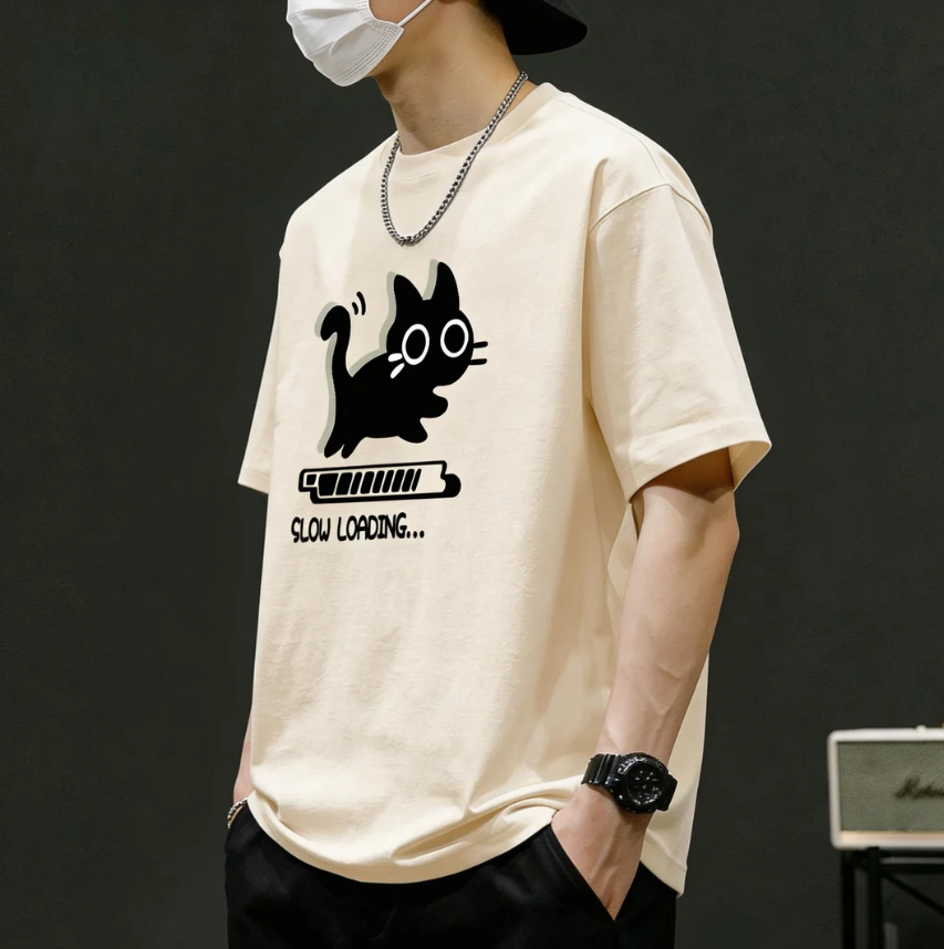 寬鬆透氣潮牌純棉貓咪印花休閑短袖t恤