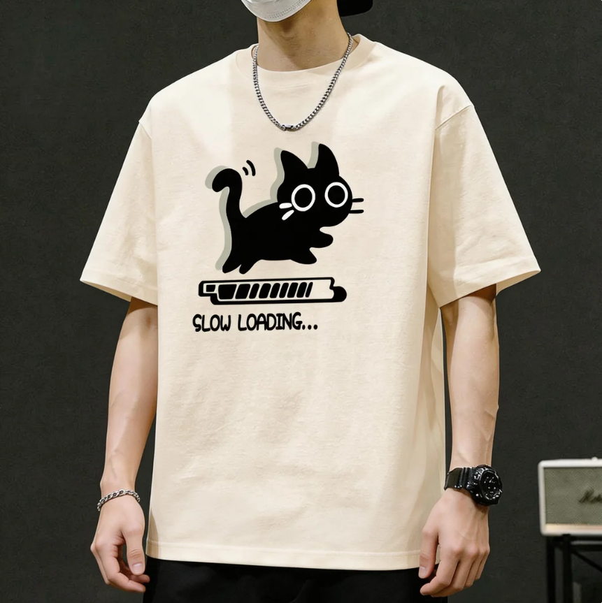 寬鬆透氣潮牌純棉貓咪印花休閑短袖t恤