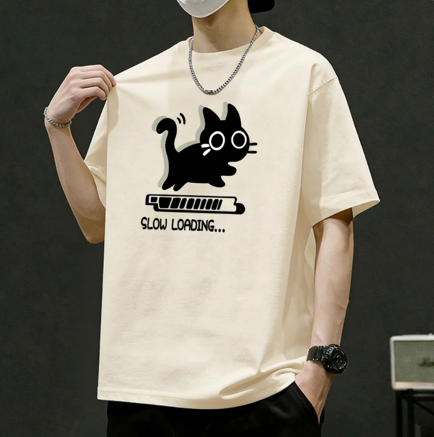 寬鬆透氣潮牌純棉貓咪印花休閑短袖t恤