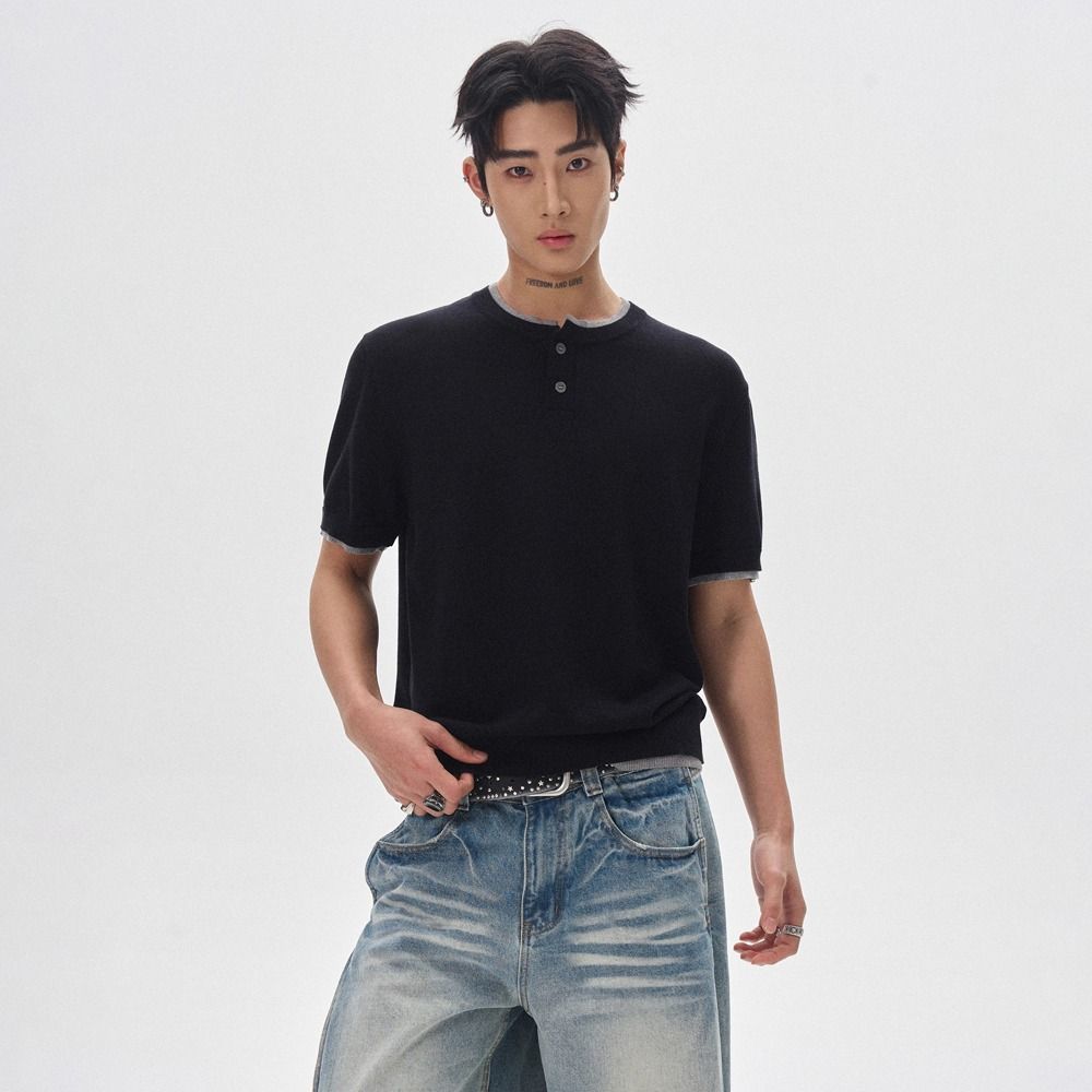 假兩件亨利領POLO衫輕熟風收腰正肩短袖T恤