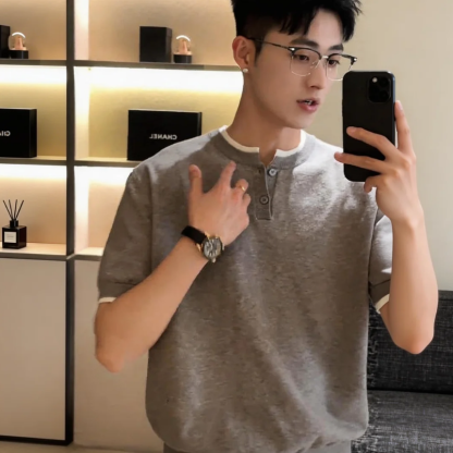 假兩件亨利領POLO衫輕熟風收腰正肩短袖T恤