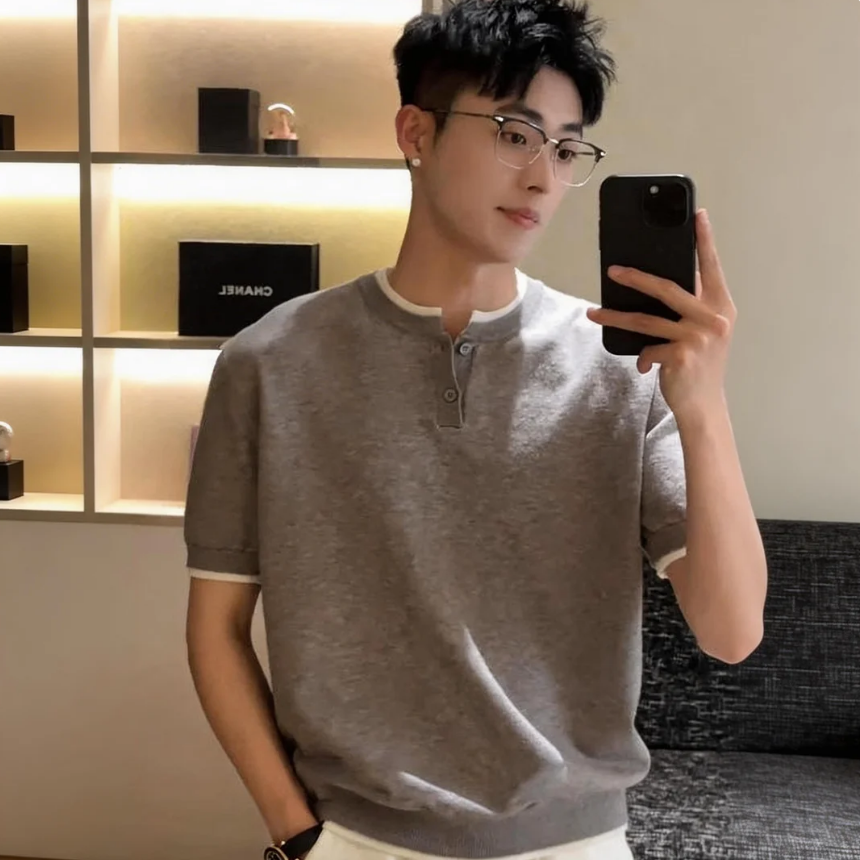 假兩件亨利領POLO衫輕熟風收腰正肩短袖T恤