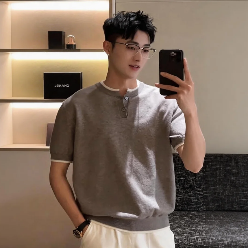 假兩件亨利領POLO衫輕熟風收腰正肩短袖T恤