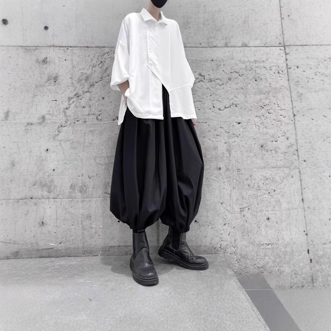 暗黑禁慾系寬鬆束腳八分燈籠褲大襠哈倫褲