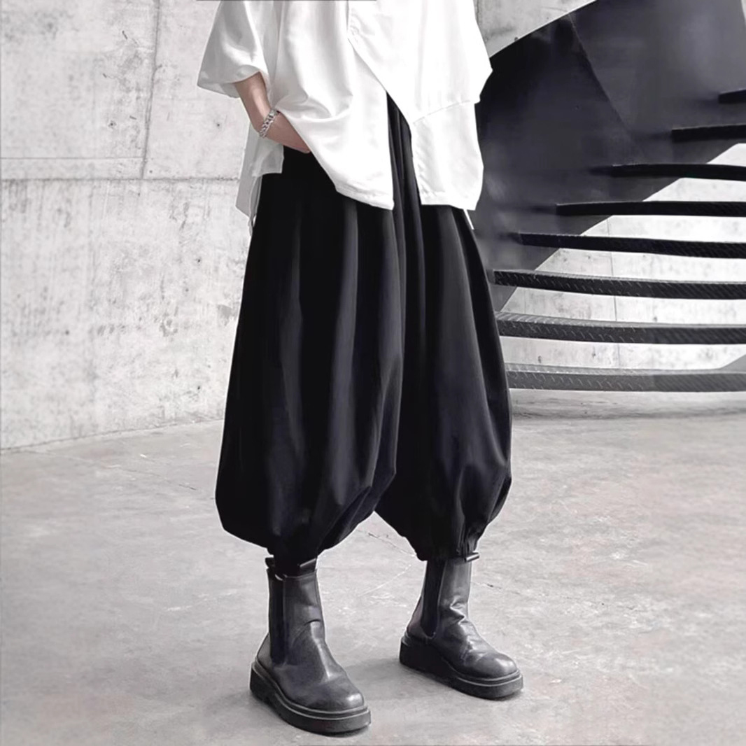 暗黑禁慾系寬鬆束腳八分燈籠褲大襠哈倫褲