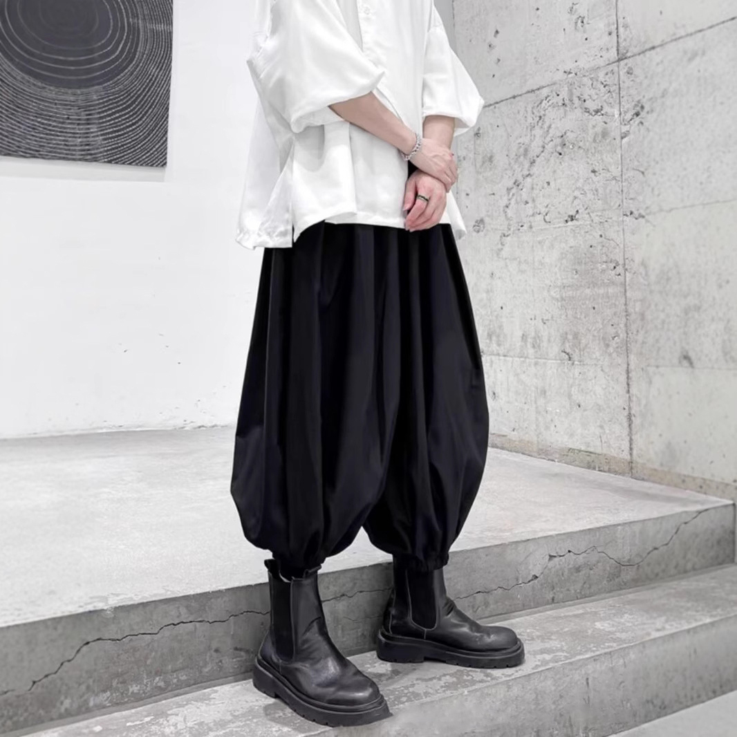 暗黑禁慾系寬鬆束腳八分燈籠褲大襠哈倫褲