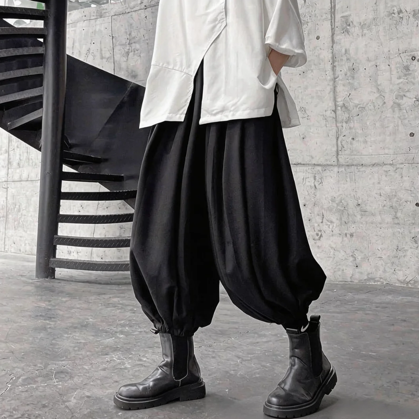 暗黑禁慾系寬鬆束腳八分燈籠褲大襠哈倫褲