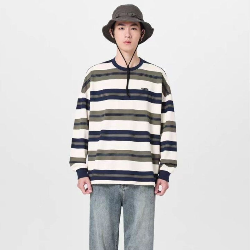 重磅潮牌圓領寬鬆條紋休閒純棉長袖t恤