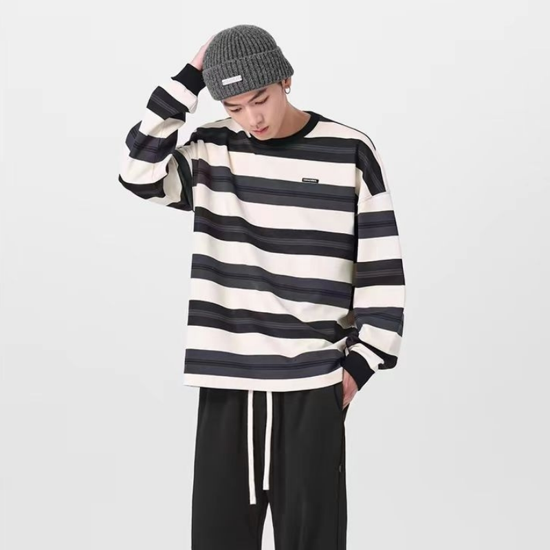 重磅潮牌圓領寬鬆條紋休閒純棉長袖t恤