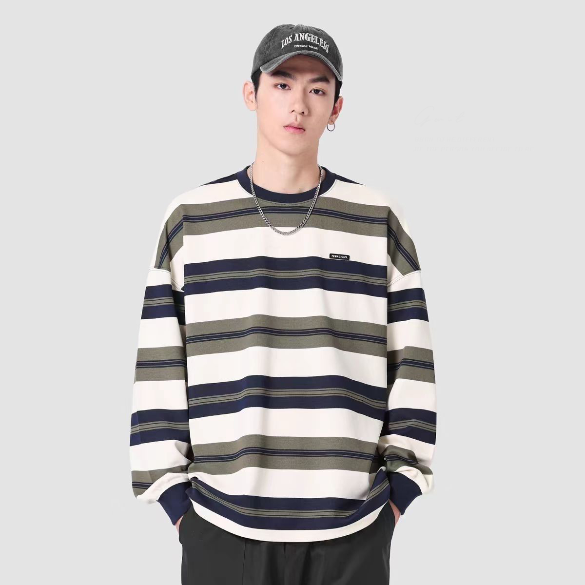 重磅潮牌圓領寬鬆條紋休閒純棉長袖t恤