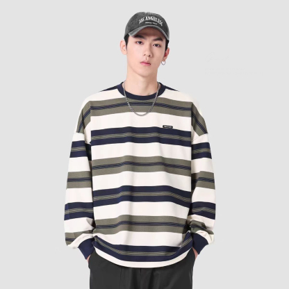 重磅潮牌圓領寬鬆條紋休閒純棉長袖t恤