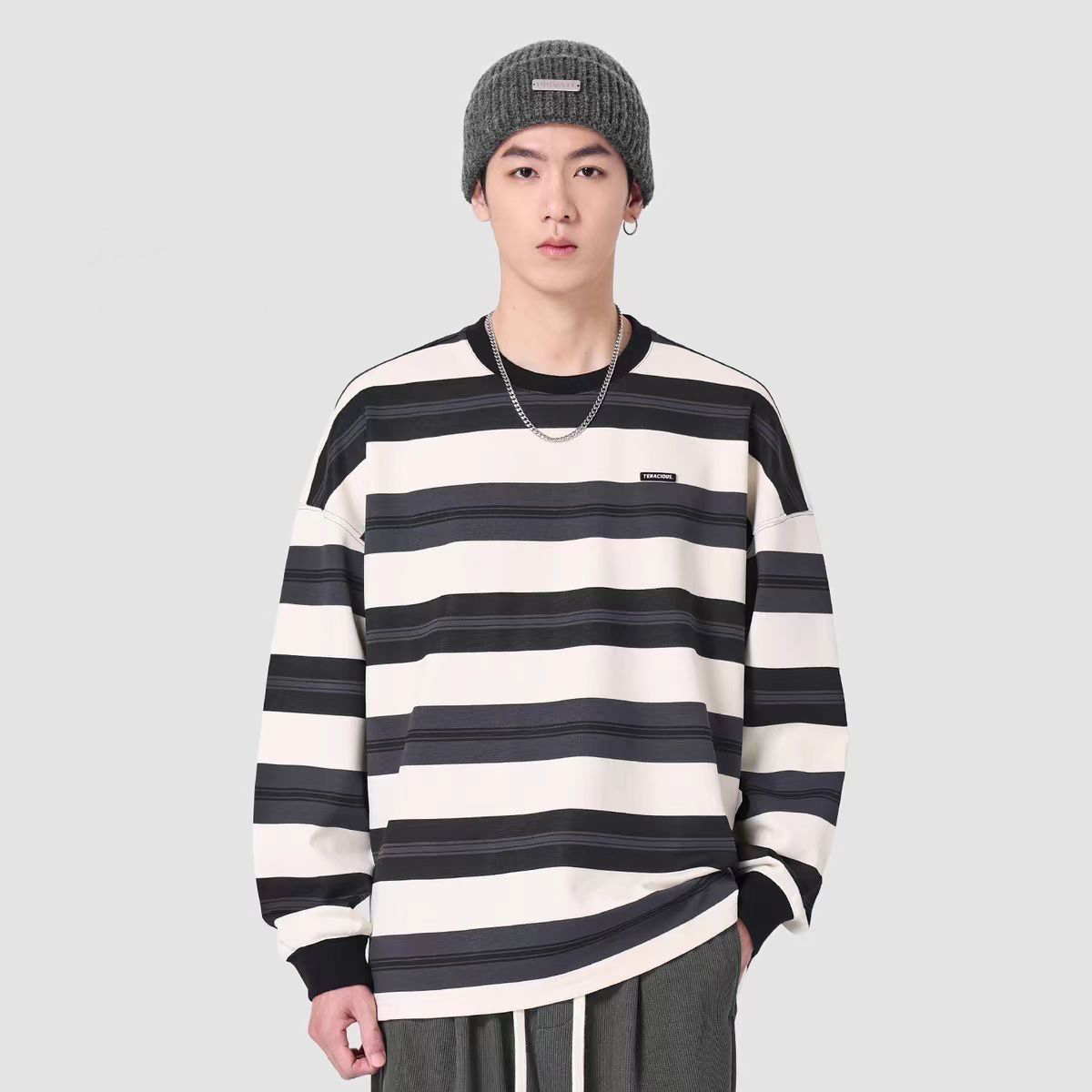 重磅潮牌圓領寬鬆條紋休閒純棉長袖t恤