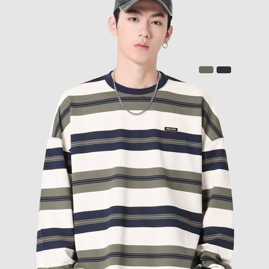 重磅潮牌圓領寬鬆條紋休閒純棉長袖t恤