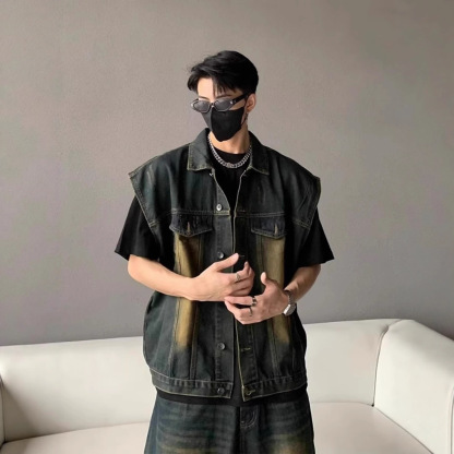 【單件】美式街頭復古水洗馬甲+破洞五分牛仔褲套裝