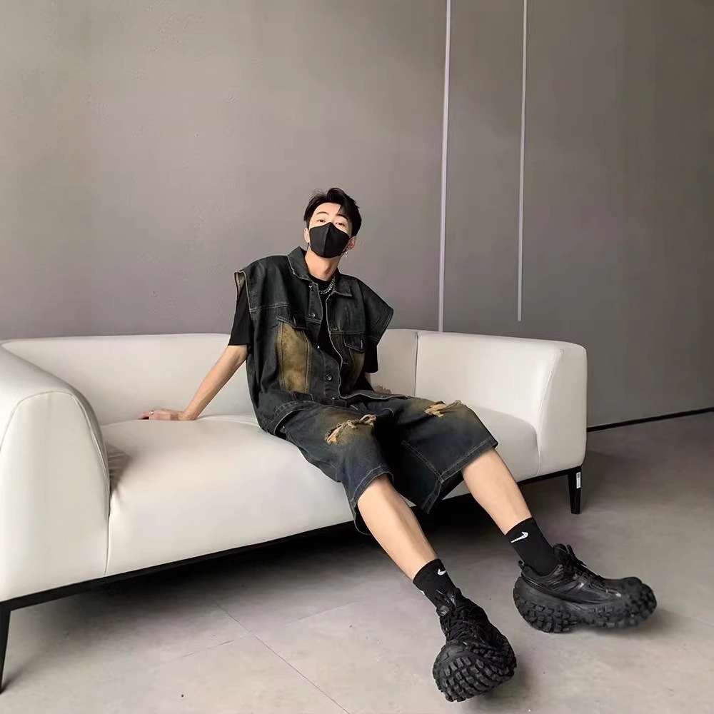 【單件】美式街頭復古水洗馬甲+破洞五分牛仔褲套裝