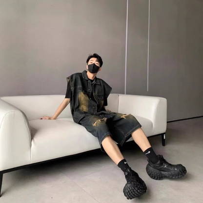 【單件】美式街頭復古水洗馬甲+破洞五分牛仔褲套裝