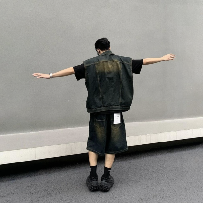 【單件】美式街頭復古水洗馬甲+破洞五分牛仔褲套裝