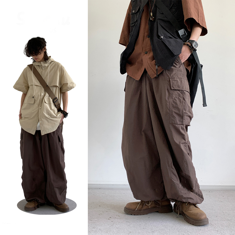 【單件/套裝】日系復古寬松運動連帽背心+咖色工裝褲兩件套