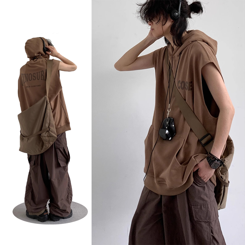【單件/套裝】日系復古寬松運動連帽背心+咖色工裝褲兩件套
