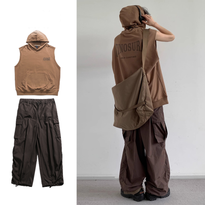 【單件/套裝】日系復古寬松運動連帽背心+咖色工裝褲兩件套