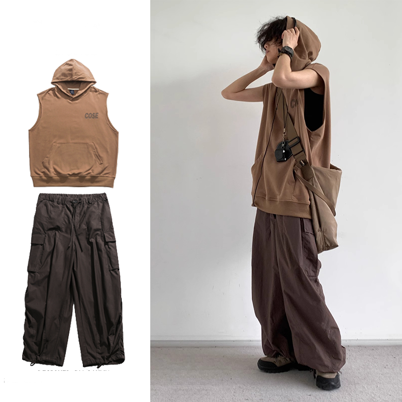 【單件/套裝】日系復古寬松運動連帽背心+咖色工裝褲兩件套