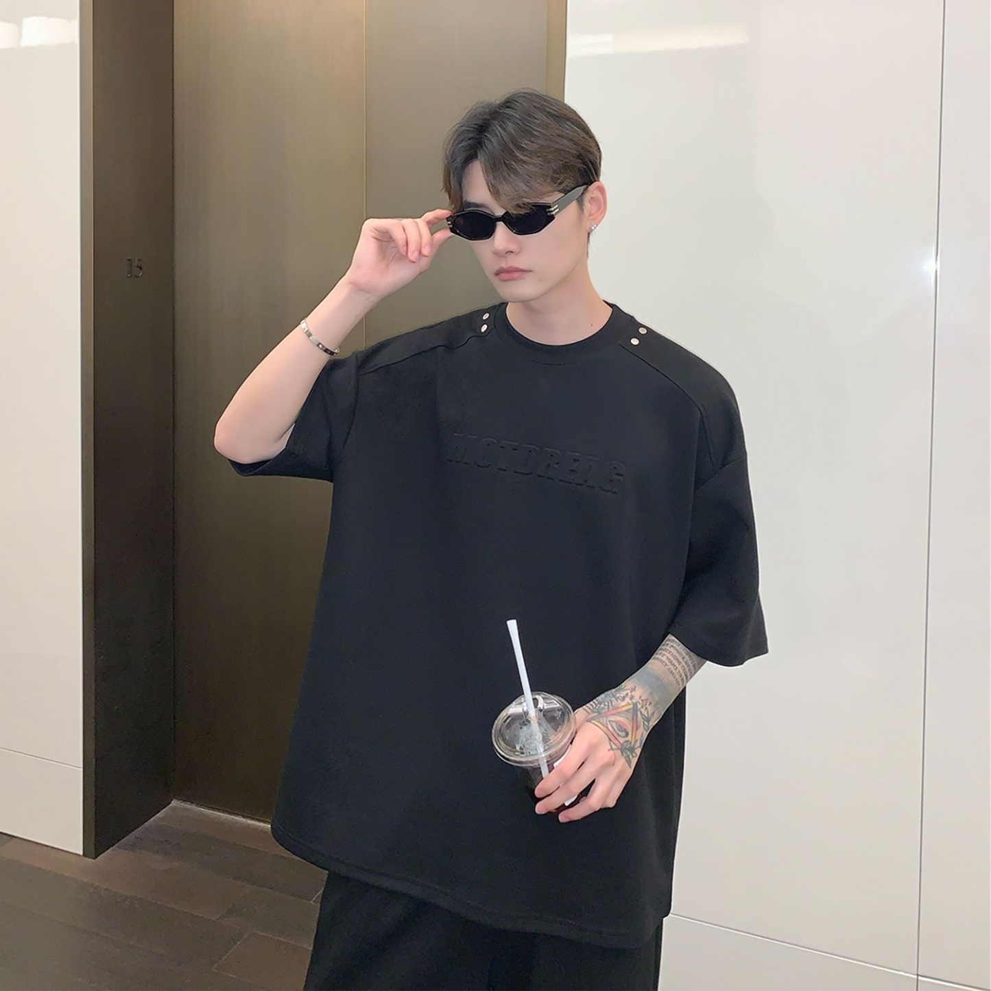 【整套】高街痞帥休閑寬松短袖t恤+運動直筒闊腿褲兩件套