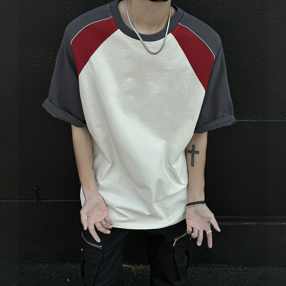 設計感重磅棉質插袖拼接寬鬆短袖t恤