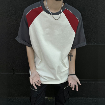 設計感重磅棉質插袖拼接寬鬆短袖t恤