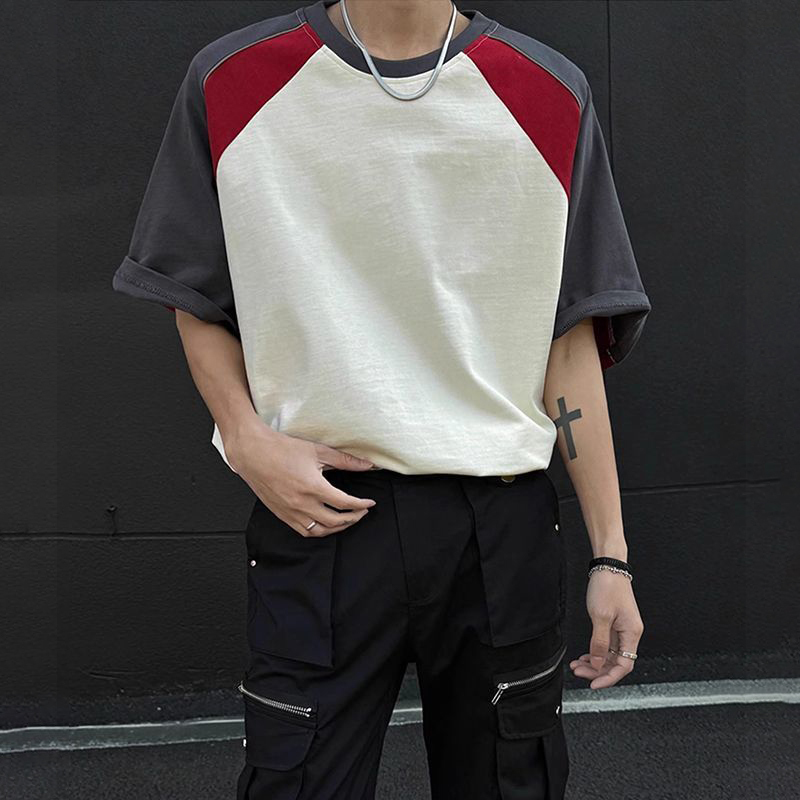 設計感重磅棉質插袖拼接寬鬆短袖t恤