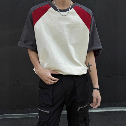 設計感重磅棉質插袖拼接寬鬆短袖t恤