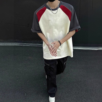 設計感重磅棉質插袖拼接寬鬆短袖t恤