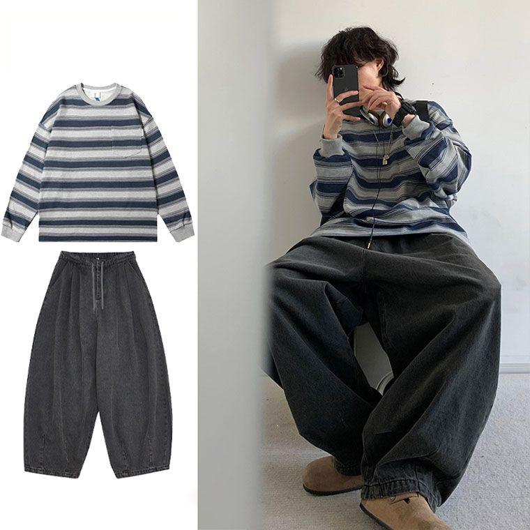 【單件/套裝】日系圓領條紋T恤+休閒褲兩件套裝