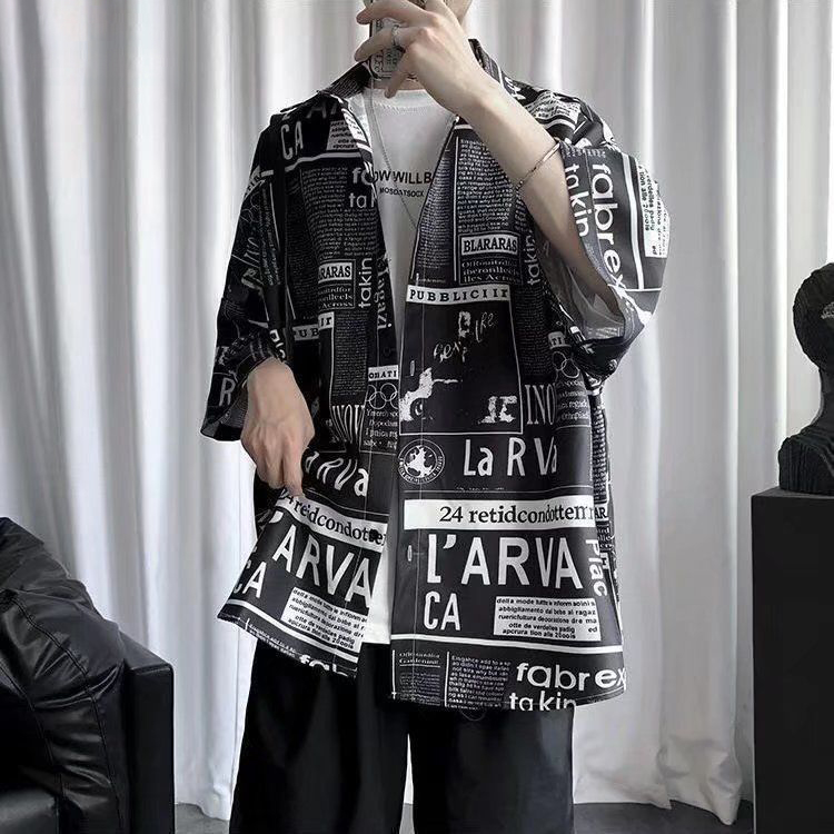 潮流百搭休閒五分袖港風印花短袖冰絲襯衫