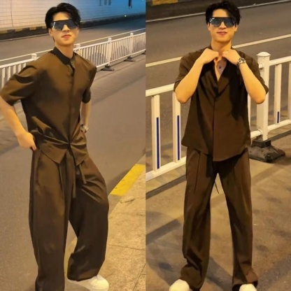 【單件/套裝】韓版潮流素色薄款冰絲襯衫+百搭休閑西裝兩件套